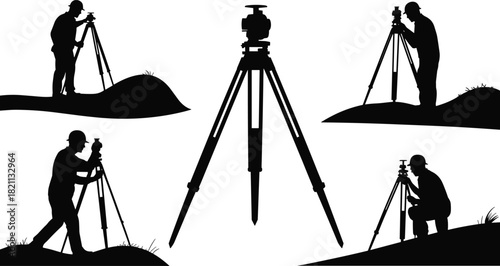 Surveyor and Theodolite Silhouette Vector Set: Land Surveying Equipment and Engineer Figures, Construction Measurement Tool, Geographical Mapping Graphic, Black and White Illustration Collection.