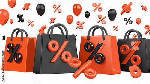 A collection of shopping bags with percentage signs and balloons in black and orange color scheme sale theme