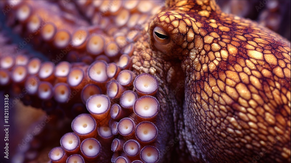 Obraz premium Details of Octopus Skin Color Change With Dark Gradient Edges Showcasing Vibrant Pigments in a Marine Setting
