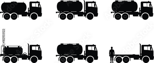 Tanker and Flatbed Truck Silhouette Vector Set: Liquid Transport Vehicles, Industrial Haulage, Semi-Trailer and Driver Graphic, Black Transportation Icons Collection, Logistics and Delivery.