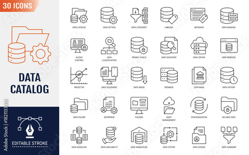 Data Catalog icon set. Editable stroke. Vector illustration