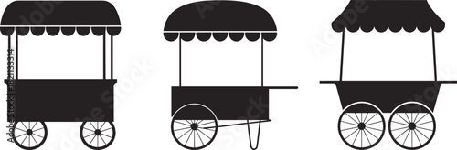 Street Food Vending Cart Silhouette Icon Set: Mobile Kiosk with Awning, Market Stand Graphic, Popcorn, Hot Dog, or Ice Cream Seller, Black Vector Illustration, Retail Business Concept.