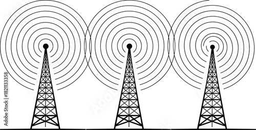 Telecommunication Towers Broadcasting Signal Icon Set: Wireless Technology, Radio and TV Transmission Pylons, Mobile Network Connectivity, Engineering Infrastructure, Black Vector Graphic.