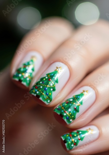 macro of festive christmas manicure. woman's hand with nail art featuring green tree and ornaments. winter holiday celebration. beauty salon, blog, social media post.