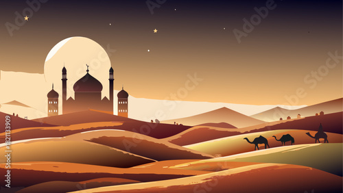 Desert landscape with mosque and camels at sunset time