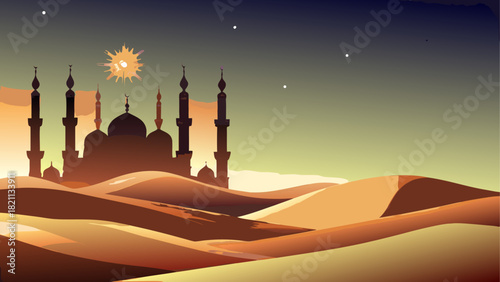 Silhouette of mosque in desert landscape at sunset