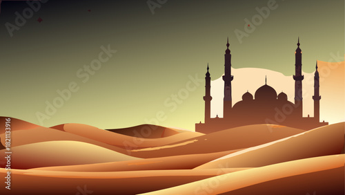 Silhouette of mosque in desert landscape at sunset