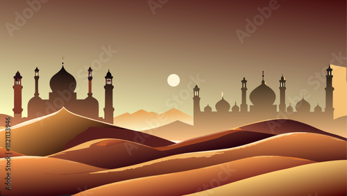 Desert landscape with mosque silhouettes and dunes