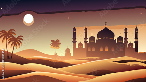Desert landscape with mosque and palm trees at dusk