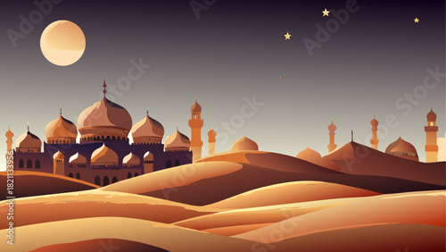 Illustration of mosque in desert at night with moon