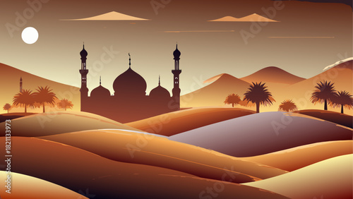 Silhouette of a mosque in a desert landscape view