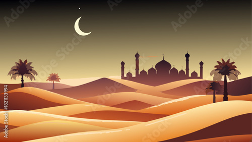 Illustration of desert landscape with mosque and moon