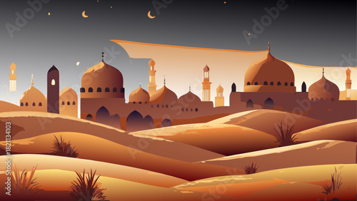 Illustration of a desert city with domes and towers
