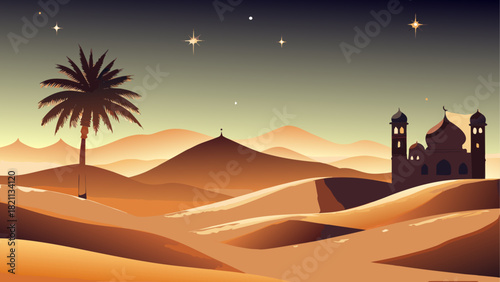 Desert landscape with palm tree and mosque silhouette