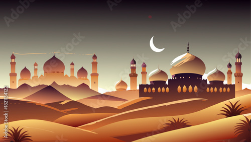 Illustration of desert landscape with mosque skyline