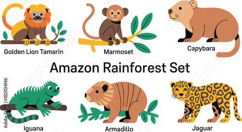 Amazon Rainforest Animals Vector Set: Golden Lion Tamarin, Marmoset, Capybara, Iguana, Armadillo, Jaguar, Wildlife Creatures Graphic Collection, South American Tropical Fauna.