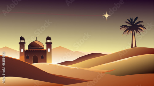 Desert landscape with mosque palm tree and star light