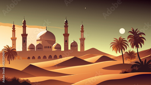 Illustration of a desert landscape with a mosque