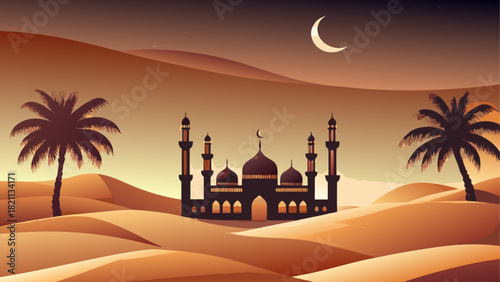 Silhouette of mosque in desert with moon and palms