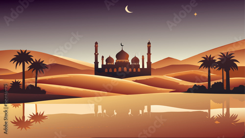 Desert landscape with mosque and palm trees at night