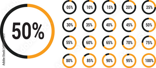 Set of round percentage diagrams with a scale from 5 to 100 percent. Pie chart of percentages for infographic and UI. Progress, download, and upload, percentage meter with scale from 5 to 100. Vector