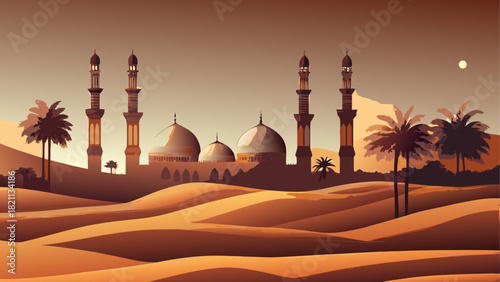 Illustration of a mosque in a desert landscape art