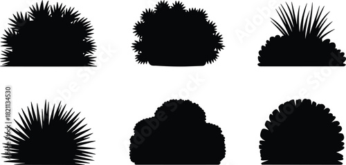 Black Silhouette Bush and Grass Vector Set: Detailed Shrubbery Icons, Garden and Landscape Elements, Foliage Graphic Collection, Park Plant Silhouettes, Nature Decoration Design Assets.