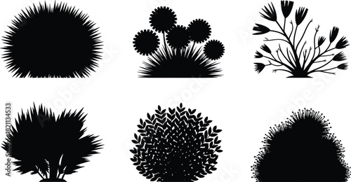 Black Silhouette Decorative Bush and Plant Vector Set: Varied Foliage and Floral Icons, Garden and Landscape Elements, Shrubbery Graphic Collection, Nature Decoration Design Assets, Flora.