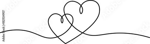 Two hearts and love sign in continuous one line drawing. Love symbol on transparent background. Banner for valentine's day. Abstract hearts. Editable stroke, hand drawn sketch minimalism illustration