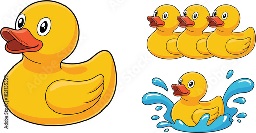 Cartoon Rubber Duck Vector Set: Bright Yellow Bath Toy, Cute Floating Ducks, Water Splash and Bubbles, Children's Playtime, Shower Time Fun, Isolated Graphic Collection, Childhood Joy.