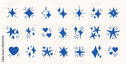 Bright blue doodle sparkles stars hearts hand drawn clipart for children vector illustration playful hand drawn design icon set minimal flat cute art whimsical decorative sketch elements isolated