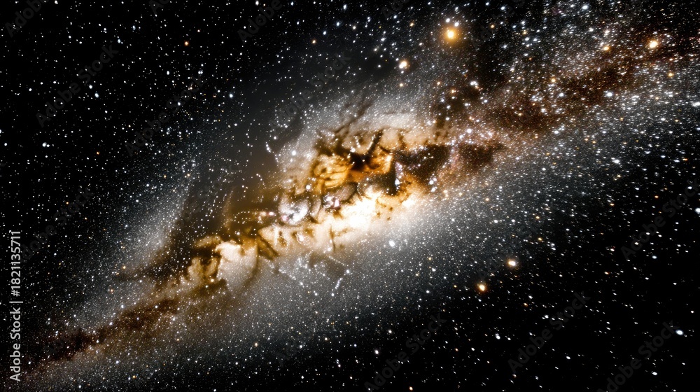 Obraz premium A stunning view of a spiral galaxy in the vastness of deep space, filled with countless stars and swirling dust clouds, creating a dramatic and awe-inspiring co