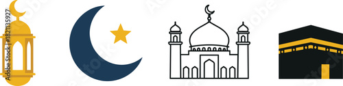 Islamic symbols including lantern crescent moon mosque and kaaba
