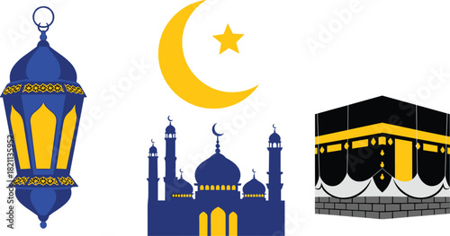 Islamic symbols ramadan lantern mosque crescent moon kaaba illustration
