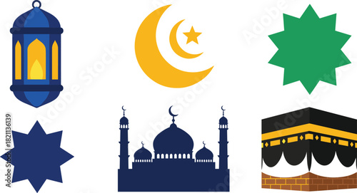 Collection of islamic symbols including a lantern crescent moon mosque and kaaba
