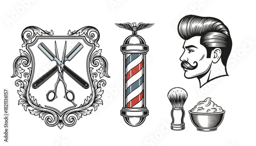 Vintage barber shop vector elements with razor crest, barber pole, and gentleman profile for grooming branding