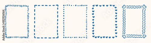 Hand drawn doodle frames with dots, hearts, wavy corners. Cute whimsical romantic borders for greeting cards, birthday invitation, coquette design. Minimalist vector ink outline set isolated