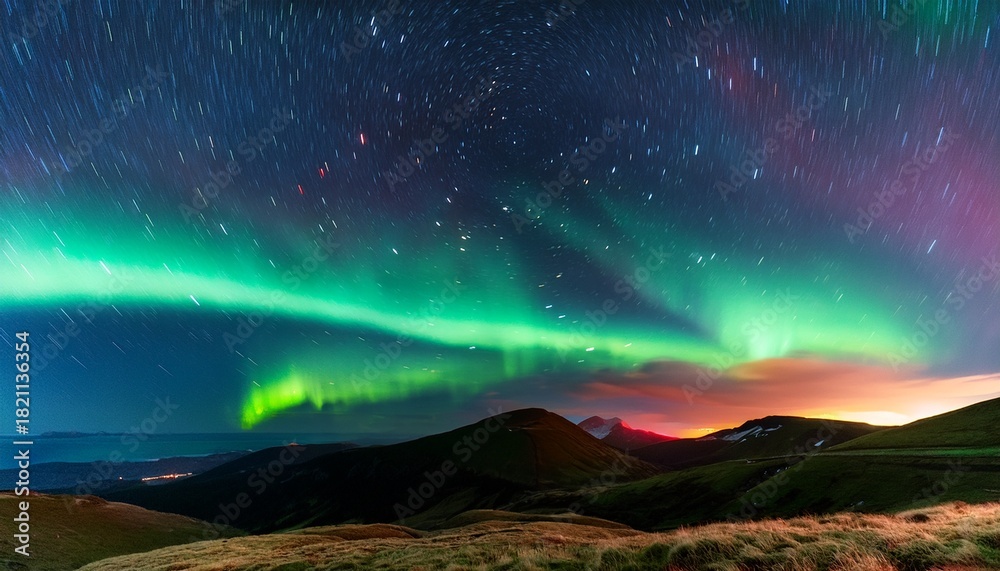 Fototapeta premium A Beautiful Green And Red Aurora Dancing Over The Hills