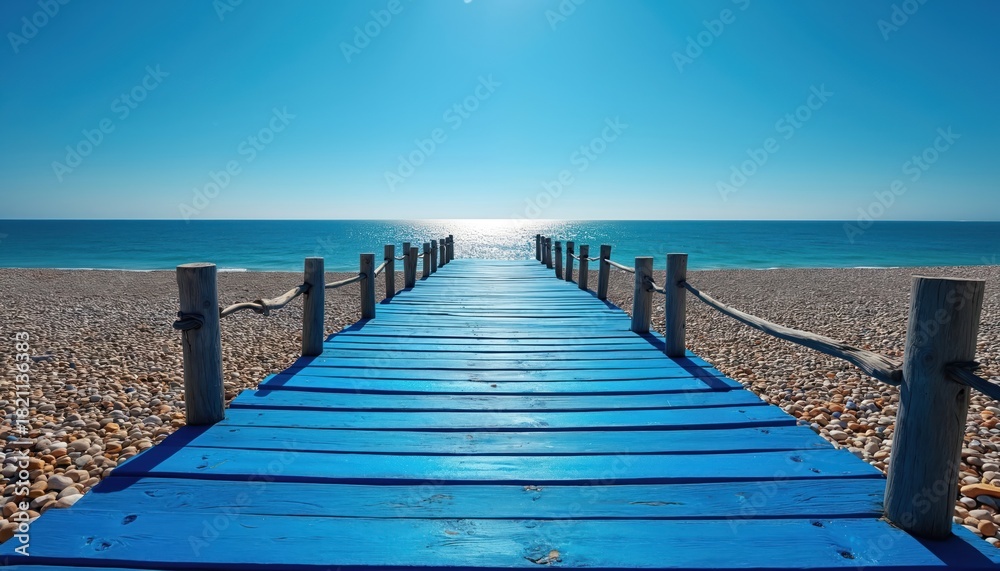 Fototapeta premium Blue wooden pier leads to calm blue ocean under clear sky. Pebble beach lines path inviting walk toward horizon. Summer travel, escape, and relaxation awaits.