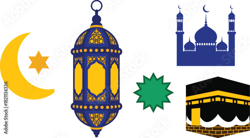 Islamic symbols including a lantern crescent moon star mosque and kaaba