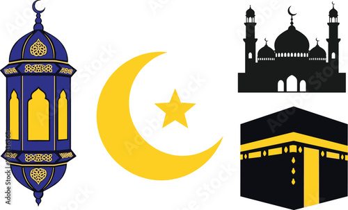 Islamic symbols including a lantern crescent moon mosque and kaaba