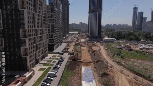 Russia Moscow. A modern microdistrict on the outskirts of Moscow, the capital of Russia, from a bird's eye view. Panoramic top view of modern apartment buildings, highways, streets and squares