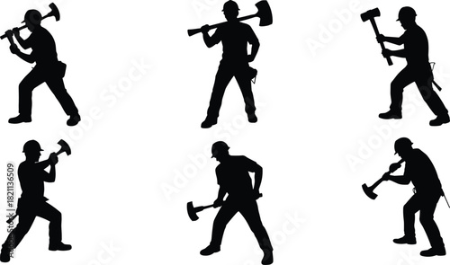Construction Worker Swinging Sledgehammer Silhouette Set: Hard Hat Safety Figures, Manual Laborer with Heavy Tool, Tradesman Striking Poses, Black Vector Graphic Collection, Demolition Work.