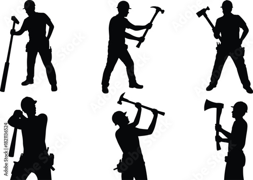 Construction Worker with Tools Silhouette Vector Set: Hard Hat Safety Figures, Builder Swinging Hammer, Ax and Shovel Graphic, Black Icon Collection, Manual Labor and Tradesman Poses.