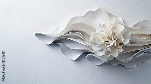 An abstract sculpture made of layered white paper, resembling petals or waves, with soft, diffused lighting creating a serene and elegant mood.