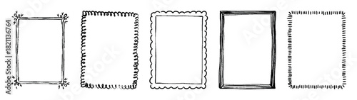 Whimsical hand drawn vintage frame collection with floral corner accents, elegant sketch borders for wedding invitations, greeting cards, birthday party decorations, minimalist romantic vector design