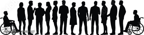 Diverse People Group Silhouette Vector Set: Inclusive Crowd, Men and Women Standing, Persons in Wheelchairs, Disability and Accessibility Concept, Black Graphic Collection, Social Integration.