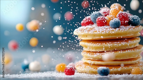A close-up, eye-level shot of a tall stack of golden pancakes, generously dusted with powdered sugar and topped with fresh raspberries and blueberries. The back