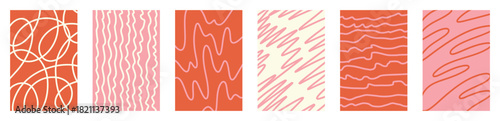 Set of childlike abstract scribble patterns. Vector retro warm tones, wavy swirly groovy lines. Hand drawn graphic doodle stroke collection playful creative energetic illustration backgrounds layout