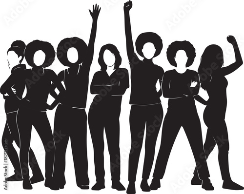 Diverse group of women silhouettes celebrating with raised fists and arms